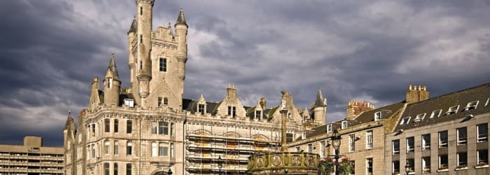 Aberdeen city centre, grey cloudy skies with sunshine