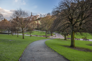 view up to princess street from the gardens below
