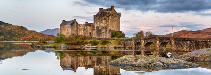 Dawn at Eilean Donan castle at Dornie in the Scottish Highlands